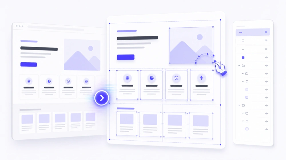 Product design workflow converting a screenshot into an editable design and layers